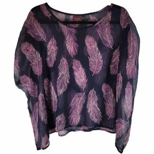 Oversized Devoted Semi-sheer Navy blue blouse with purple feather design